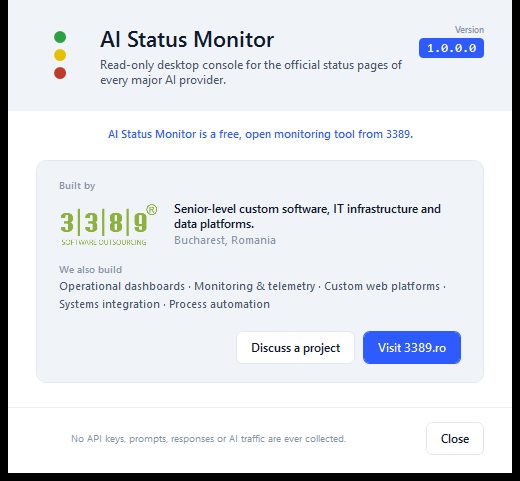 AI Status Monitor About dialog â€” version number, 3389 logo, tagline and call-to-action buttons