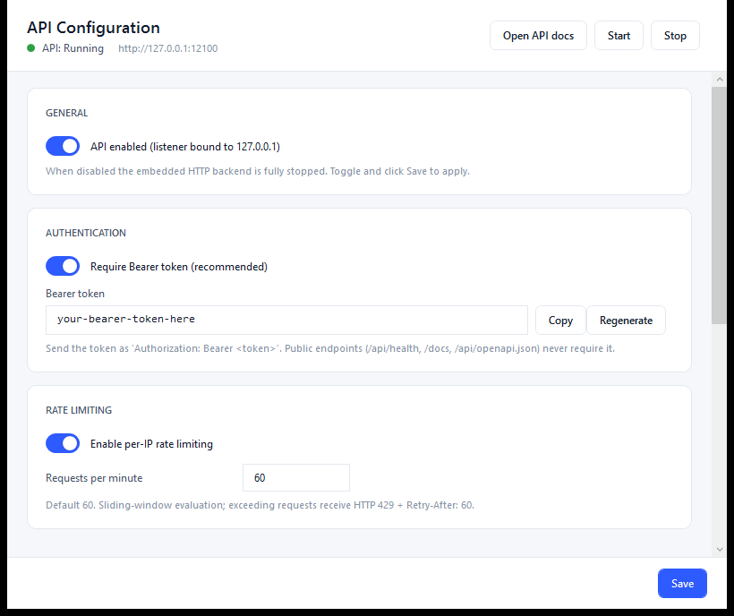 AI Status Monitor API Configuration dialog â€” bearer token, rate limit, and start/stop controls