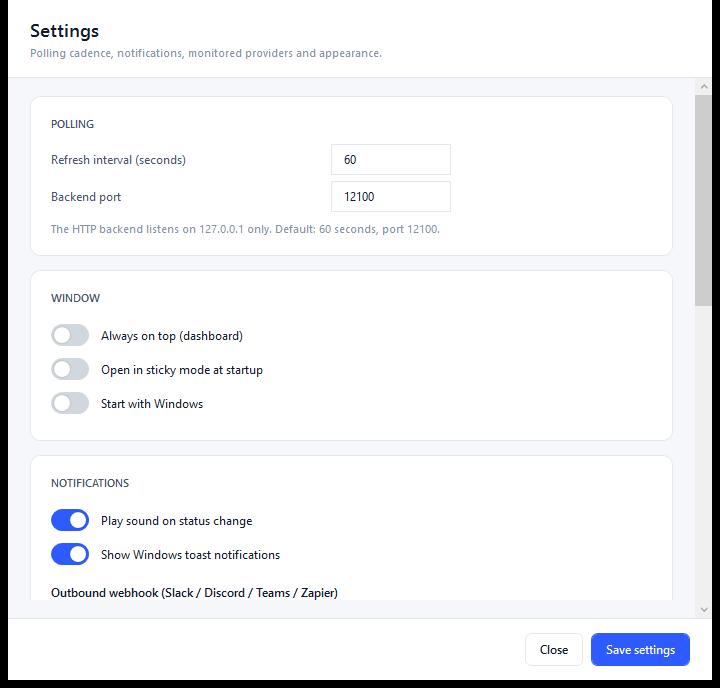 AI Status Monitor Settings dialog â€” polling cadence, backend port, window options and notification toggles