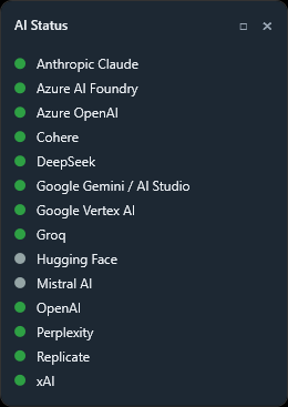 AI Status Monitor sticky widget â€” a small frameless always-on-top window pinned to the top-right of the screen, showing the 14 monitored provider names with coloured status dots