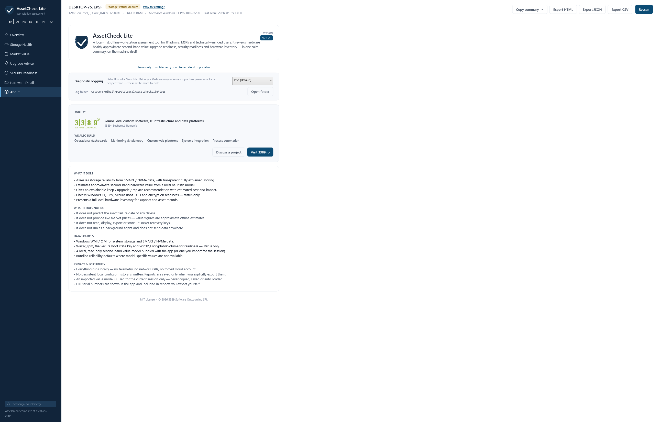 AssetCheck Lite v1.0.1 About tab — full-width hero card reads "AssetCheck Lite — A local-first, offline workstation assessment tool for IT admins, MSPs and technically-minded users. Reviews the machine itself — disk health, approximate market value, upgrade outlook, security readiness and hardware inventory — no service, no agent, no telemetry." Diagnostic flags selector with English (default), Open Folder button. Senior-level custom-software pitch panel from 3389 Software Outsourcing with three call-to-action buttons.