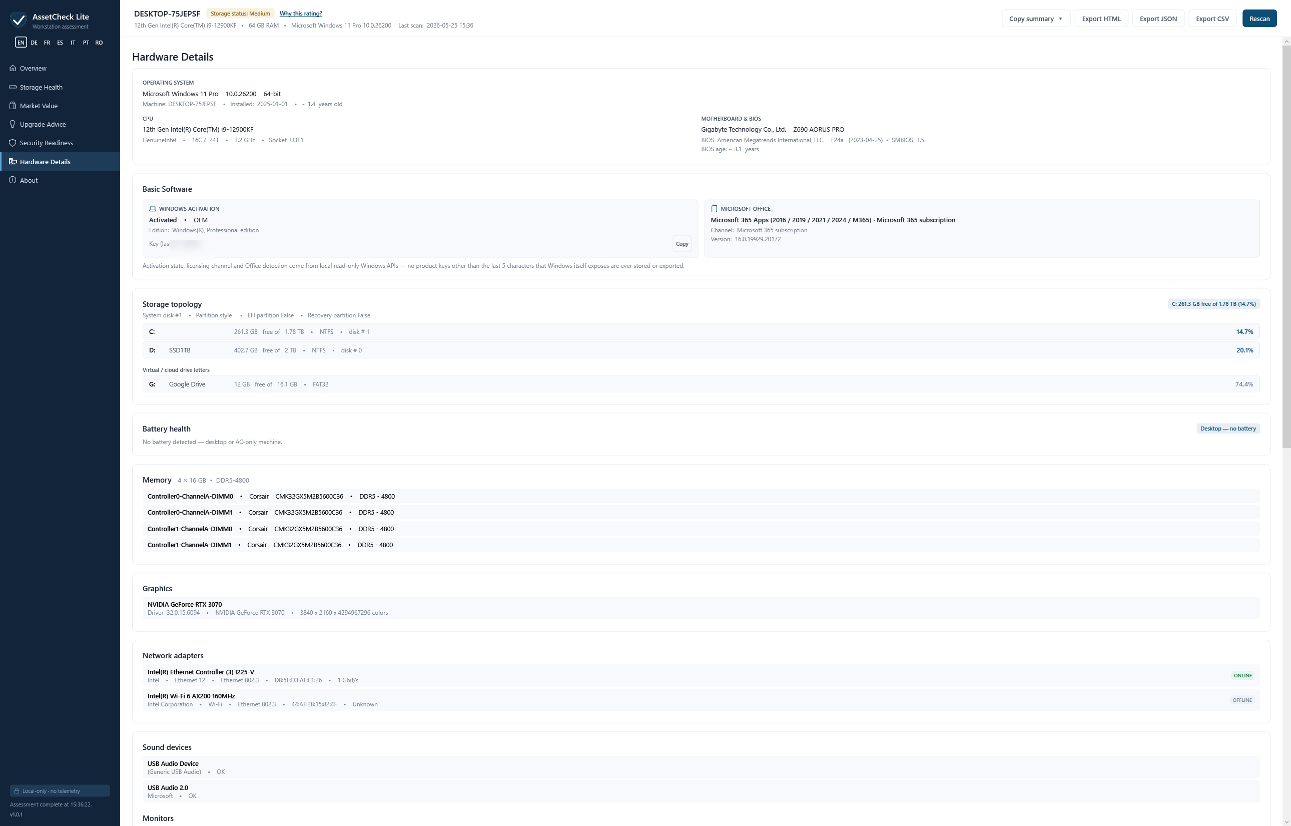 AssetCheck Lite v1.0.1 Hardware Details tab — Operating system: Microsoft Windows 11 Pro, 10.0.26200, 64-bit. CPU: 12th Gen Intel Core i9-12900KF, 16C / 24T, 3.2 GHz, Socket U3E1. Motherboard & BIOS: Gigabyte Technology Z690 AORUS PRO, American Megatrends F24a 2023-04-25, SMBIOS 3.5, BIOS age 3.1 years. Basic software: Windows activation Activated · OEM (Windows Professional edition), key (last 5) field blurred for the screenshot — the application only ever exposes the last 5 characters and never the full key. Microsoft Office: Microsoft 365 Apps subscription. Storage topology: System disk #1 GPT, EFI False, Recovery False, C: 261.3 GB free of 1.78 TB NTFS (14.7%), D: SSD1TB 402.7 GB free of 2 TB NTFS (20.1%), G: Google Drive 12 GB free of 16.1 GB FAT32 (74.4%).