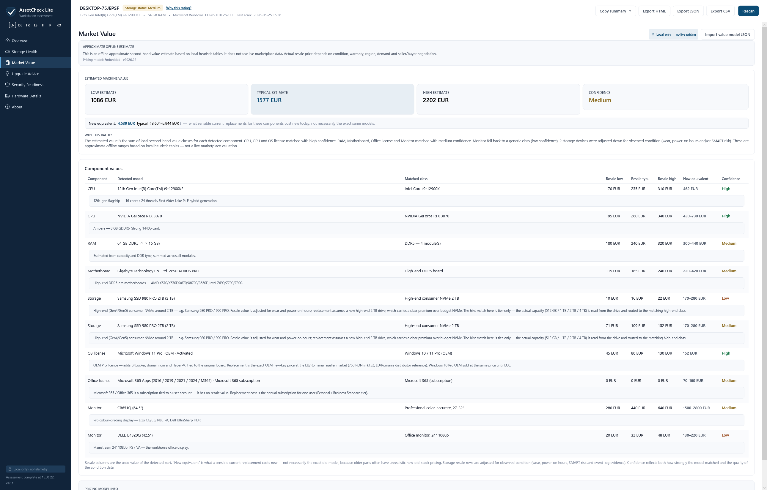 AssetCheck Lite v1.0.1 Market Value tab — Approximate offline estimate banner, Local-only · no live pricing badge top-right with Import value model JSON button. Estimated machine value card: Low 1086 EUR, Typical 1577 EUR, High 2202 EUR, Medium confidence. Pricing model: Embedded · v2026.22.