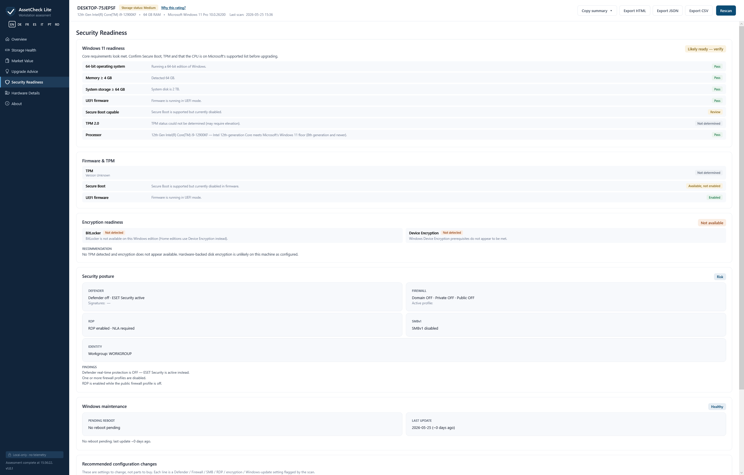 AssetCheck Lite v1.0.1 Security Readiness tab — Windows 11 readiness card status Likely ready · verify, with per-row checks: 64-bit operating system Pass, Memory ≥ 4 GB Pass (64 GB detected), System storage ≥ 64 GB Pass (2 TB), UEFI firmware Pass, Secure Boot capable Review (supported but currently disabled), TPM 2.0 Not determined (may require elevation), Processor Pass (12th Gen Intel Core meets the Windows 11 floor). Firmware & TPM card: TPM Version Unknown / Secure Boot Available not enabled / UEFI firmware Enabled. Encryption readiness card: BitLocker Not detected, Device Encryption Not available. Security posture card: Defender off · ESET Security active, Firewall Domain OFF · Private OFF · Public OFF, RDP enabled · NLA required, SMBv1 disabled, Workgroup WORKGROUP. Windows maintenance card: No reboot pending, Last update ~0 days ago.