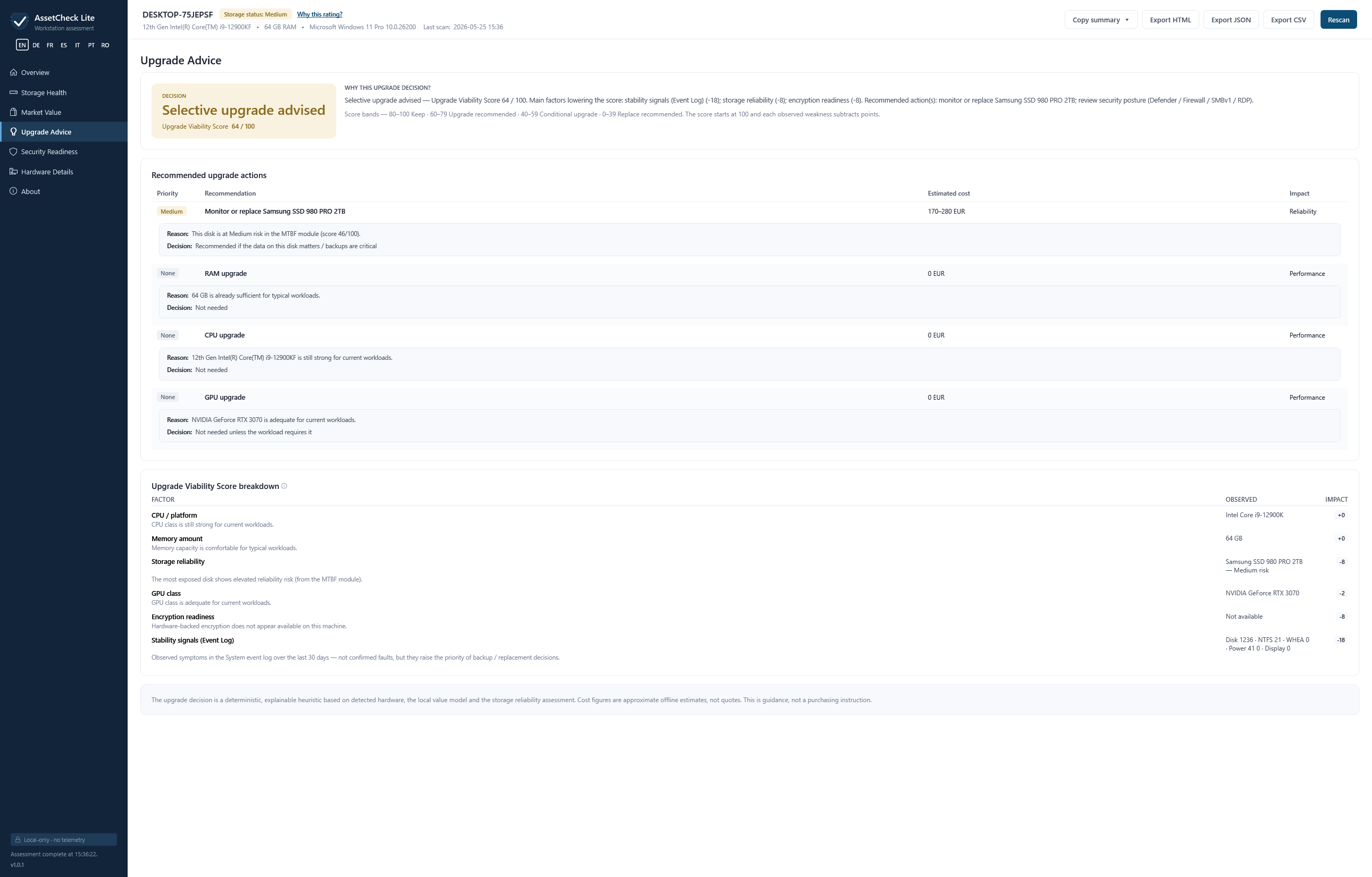 AssetCheck Lite v1.0.1 Upgrade Advice tab — Decision card reads Selective upgrade advised, Upgrade Viability Score 64 / 100. Score bands legend: 80–100 Keep · 60–79 Upgrade recommended · 40–59 Conditional upgrade · 0–39 Replace recommended. Why this upgrade decision explainer cites stability signals (Event Log -18), storage reliability (-8), encryption readiness (-8), with recommended actions: monitor or replace the Samsung SSD 980 PRO 2TB, review security posture (Defender / Firewall / SMBv1 / RDP). Recommended actions table below starts with Medium-priority Monitor or replace Samsung SSD 980 PRO 2TB at 170–280 EUR estimated cost with Reliability impact.