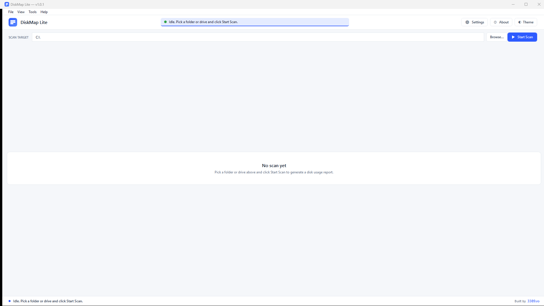 DiskMap Lite v1.0.1 main window at idle — clean WPF GUI with Settings / About / Theme controls in the top bar, Scan Target field with Browse and Start Scan buttons, and a calm "No scan yet" empty state. Status reads "Idle. Pick a folder or drive and click Start Scan."