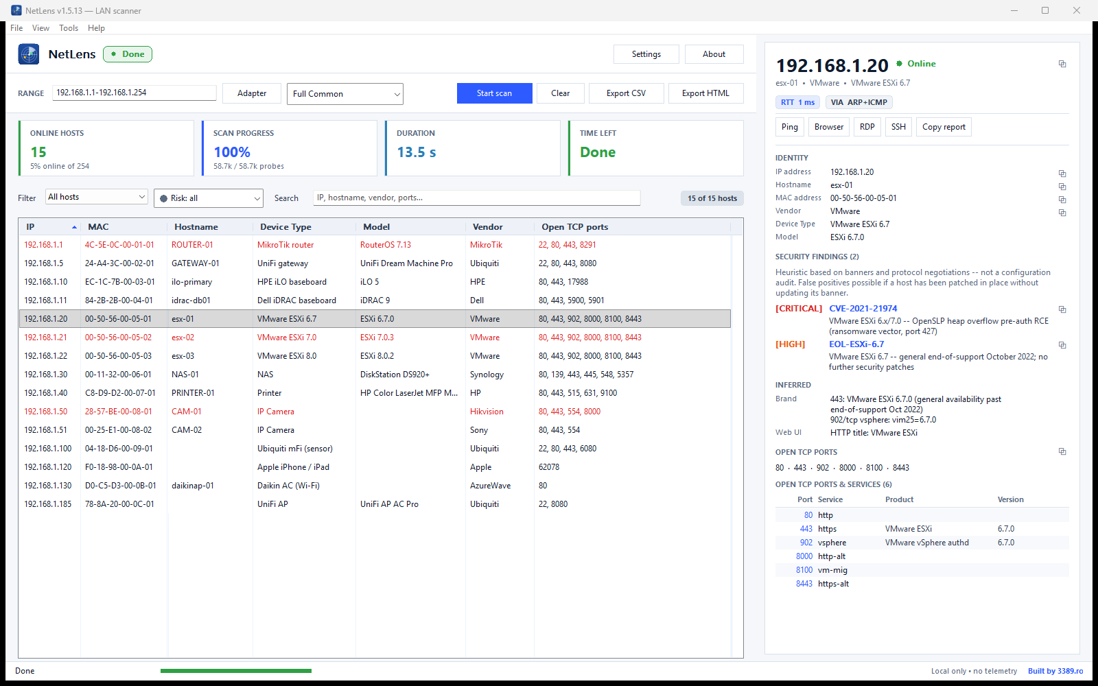 NetLens v1.5.13 after a completed scan of an example 192.168.1.0/24 — 15 of 254 hosts online. The sortable host grid lists each device with separate Device Type and exact Model columns; the right-hand details pane shows identity, inferred brand, open TCP ports and security findings for the selected host.