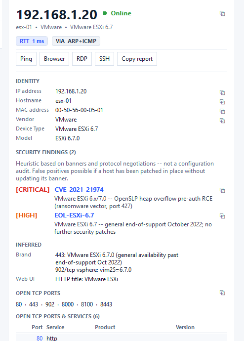NetLens security-findings panel for a selected host — heuristic CVE and end-of-life indicators derived from observable service banners and version hints, each tagged by severity with a reference link, presented as exposure hints rather than asserted exploits.